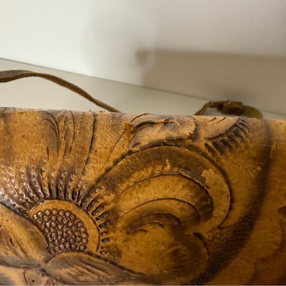 Vintage Floral Tan Leather Mexican Bag - Picture 2 of 6